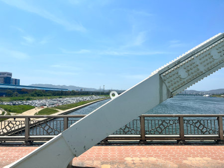 View of the bridge over the sea, close-up of photoの写真素材
