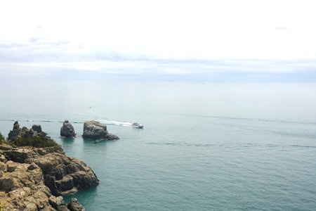 Beautiful seascape with sea and mountain at Phuket, Thailandの写真素材