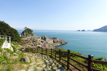 Beautiful view of the sea and mountain in summer, South Koreaの写真素材