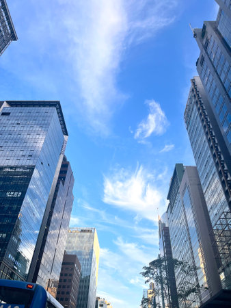 Shinjuku skyscrapers and blue sky, Tokyo, Japanの写真素材