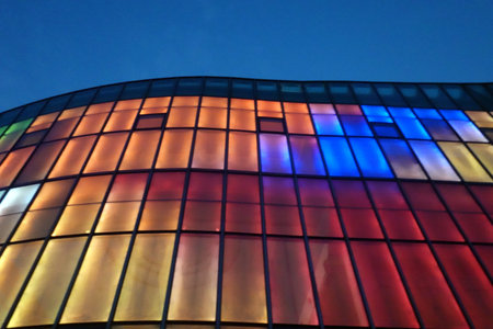 abstract background from a glass facade of a building in the eveningの写真素材