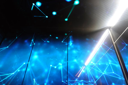abstract background with blue neon lights and triangles. 3d renderingの写真素材