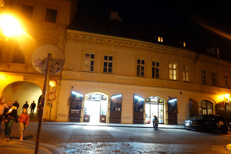 Tourists walking in the old town at night. Prague is the capital and largest city of the Czech Republic.の写真素材
