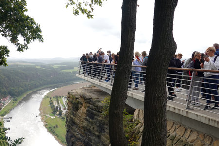 Tourists on the observation deck on the Danube Riverの写真素材