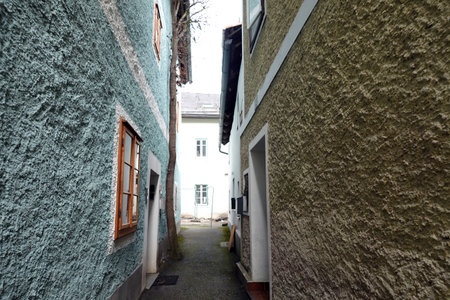 Narrow street in the old town of Bergen, Norway.の写真素材