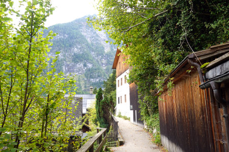Wooden houses in Hallstatt village, Salzkammergut, Austriaの写真素材