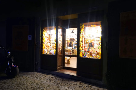 Night view of a shop in the old town of Tallinn, Estoniaの写真素材