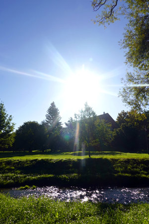 Sunset in the park with sunbeams and lens flare.の写真素材