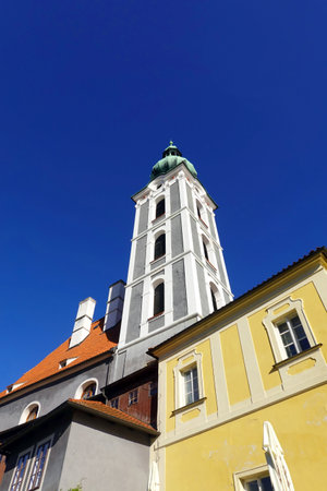 Church tower in the old town of Ljubljana, Sloveniaの写真素材