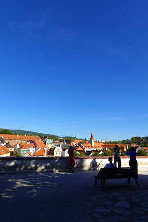 Tourists visit the medieval city of Brasov, Transylvaniaの写真素材