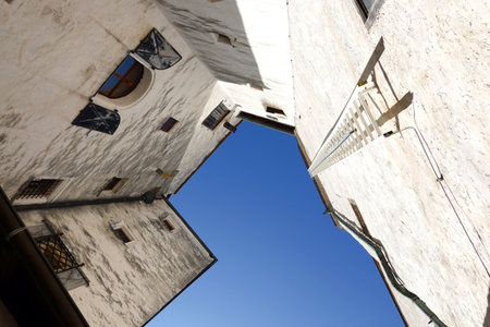 Narrow street in the old town of Rovinj, Croatiaの写真素材