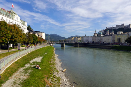 View of Salzach river in Salzburg, Austriaの写真素材