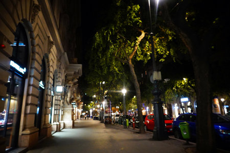 Night view of a street in Barcelona, Catalonia, Spain. Long exposureの写真素材