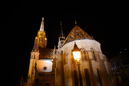 Matthias Church in Budapest, Hungary at night. Selective focus.の写真素材