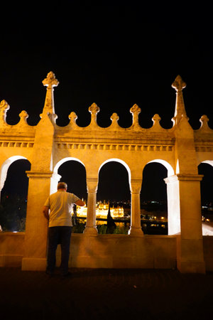 Night view of the Plaza de Espana in Seville, Spainの写真素材