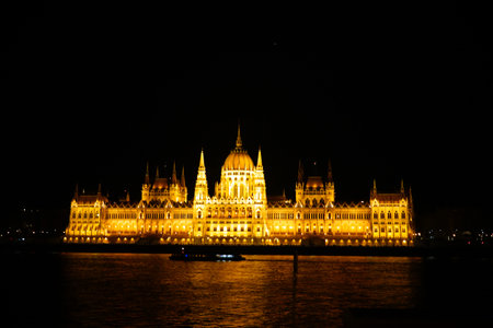 Hungarian Parliament Building at night in Budapest, Hungary. It is the seat of the Parliament of Hungary.の写真素材