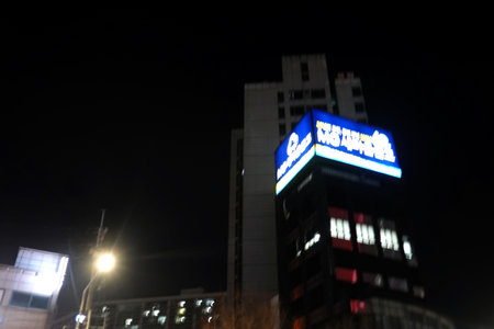 Blurred view of a supermarket at night in Seoul, South Koreaの写真素材