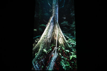 Giant banyan tree in the tropical rainforest at nightの写真素材