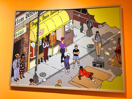 illustration of a street cafe with people sitting on the floor.