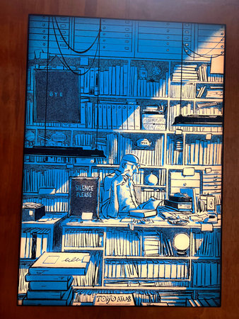 Drawing on the wall of a room with bookshelf.