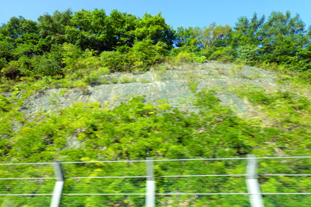 A high angle shot of a hillside with trees in the backgroundの写真素材