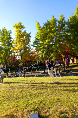 Unidentified people in park in Kamchatkaの写真素材