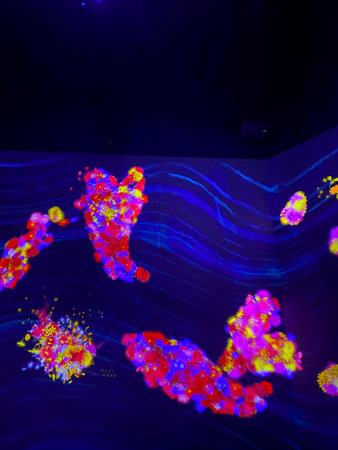 Abstract background of neon light spots in the form of planets and stars