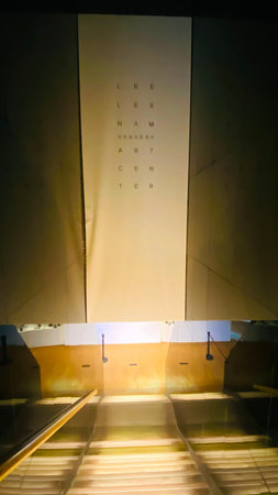 interior of a modern building at night, note shallow depth of field