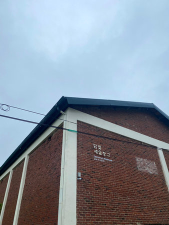 A low angle shot of an old brick building with a blue sky