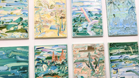 Paintings on the wall at the exhibition of contemporary art.の写真素材