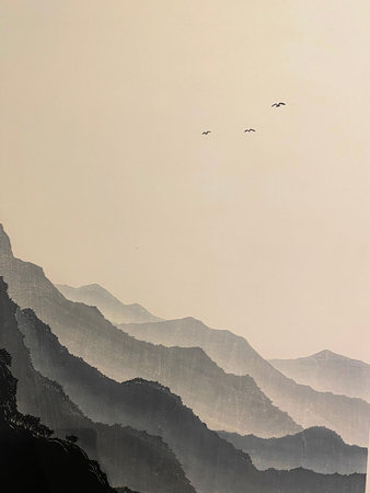 Mountain landscape with fog and cloudy sky, north china.の写真素材