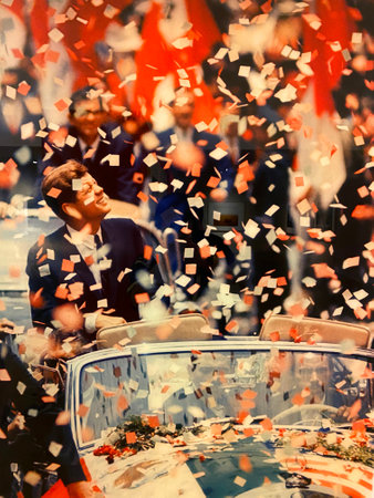 Wedding couple on the background of the wedding car decorated with confettiの写真素材