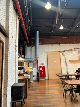 Interior view of a restaurant in New York City, USA.