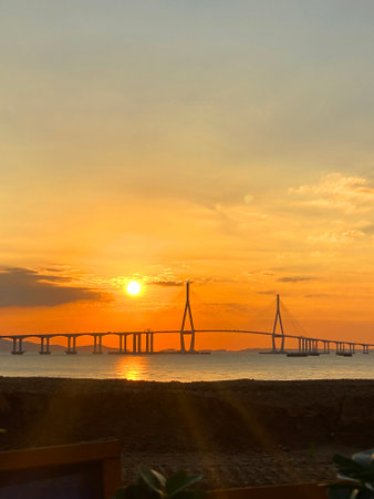 Sunset at Penang Bridge, Penang Island, Malaysia.の写真素材