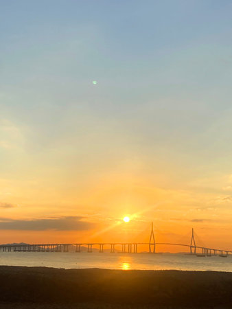 Sunset at the Bosphorus Bridge in Istanbul, Turkey.の写真素材