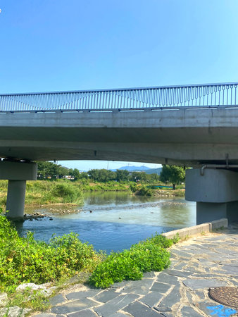 Bridge over the river and blue sky, close-up of photoの写真素材