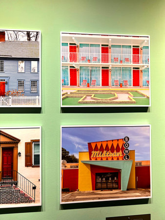 Colorful facade of a modern building in the city. Collage.