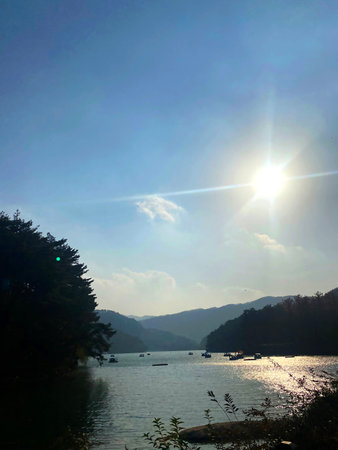 Sunset on the lake in the mountains. Beautiful natural landscape.の写真素材