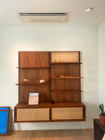 Interior of a modern living room with wooden bookcase and shelves