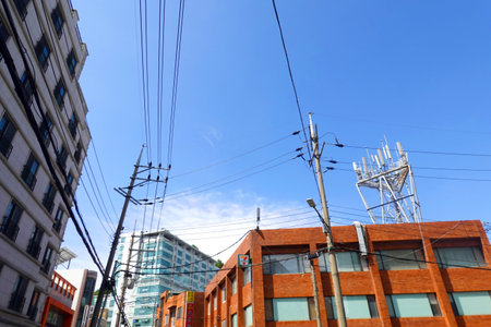 High-voltage power lines and wires in the center of the city