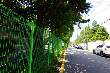 Green fence on the road in the city, closeup of photoの写真素材