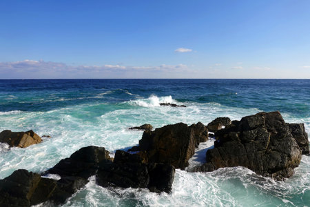 Rocky coast of the Mediterranean Sea in the Dominican Republic, Dominican Republicの写真素材