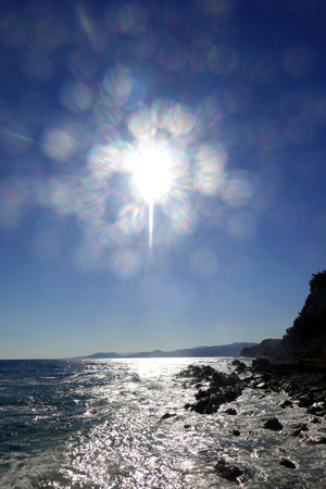 Sunset over the sea in Ibiza, Balearic Islands, Spainの写真素材