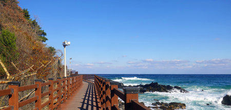 Wooden walkway on the coast of the Pacific Ocean in Californiaの写真素材
