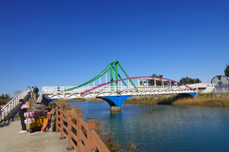 The steel bridge in the park, tangshan city, hebei province, China.の写真素材