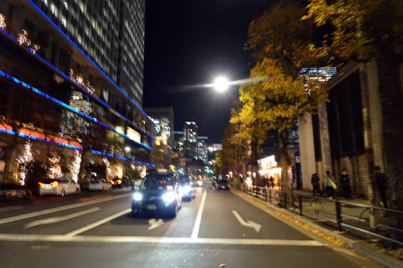 View from the car on the street at night in New York City.の写真素材