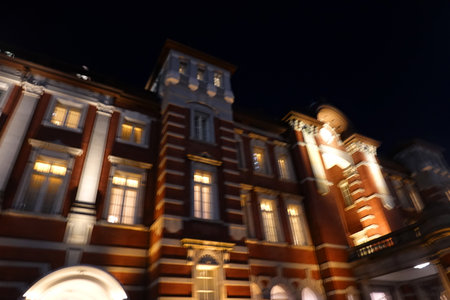 Blurred image of old building at night in Prague, Czech Republicの写真素材