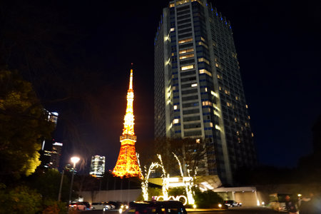 Tokyo Tower at night in Tokyo, Japan. Tokyo is the capital and most populous city of Japan.の写真素材