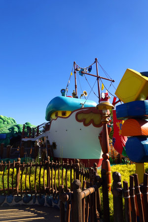 Colorful toy boats in the amusement park, closeup of photoの写真素材