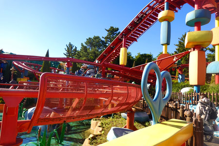 Children's playground in the park on a background of blue sky.の写真素材
